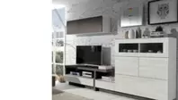 Composición de muebles de salón con bodeguero en roble glacial piedra