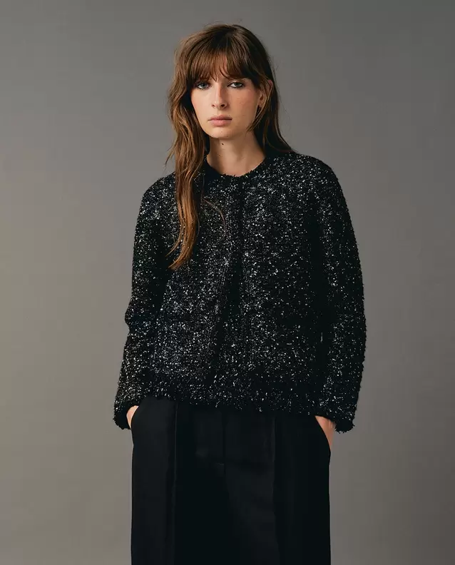 Chaqueta tweed trimming brillo