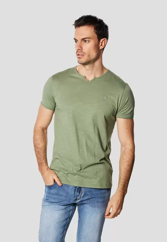 Men's Henley Placket Neck Cotton Short Sleeve T-Shirt - K...