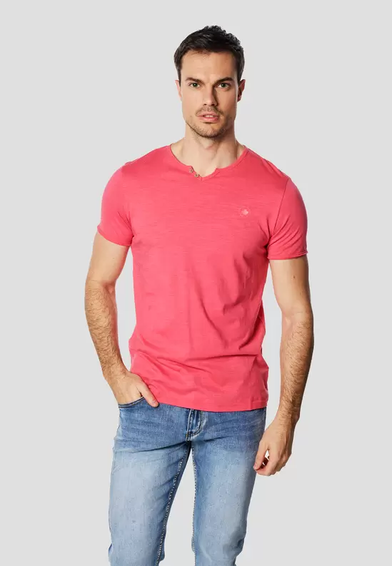Men's Henley Placket Neck Cotton Short Sleeve T-Shirt - K...