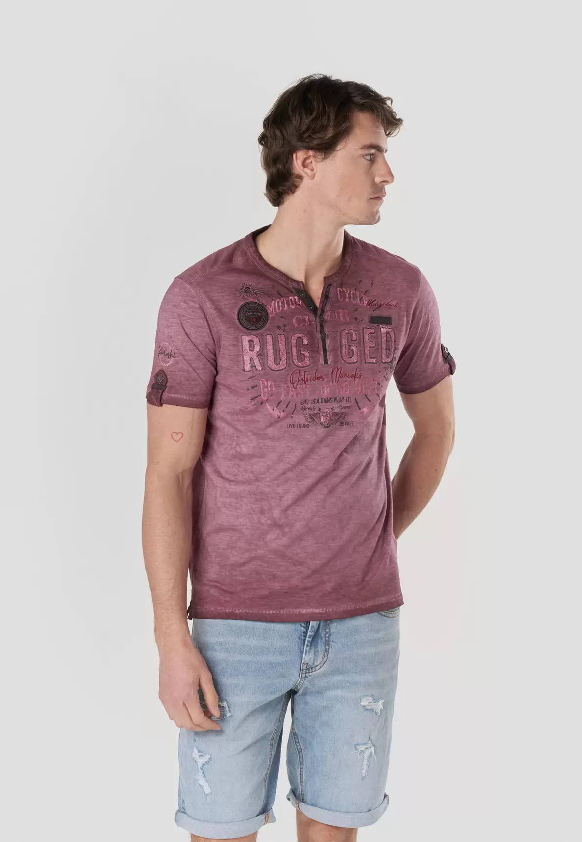 Men's Short Sleeve Henley T-Shirt Washed Printed - Koroshi