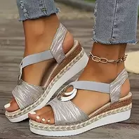 Platform Sandals for Women Low Heel Elegant Open Toe Elastic Ankle Strap Comfortable Shoes Summer Casual Sandals, grey, 38 EU