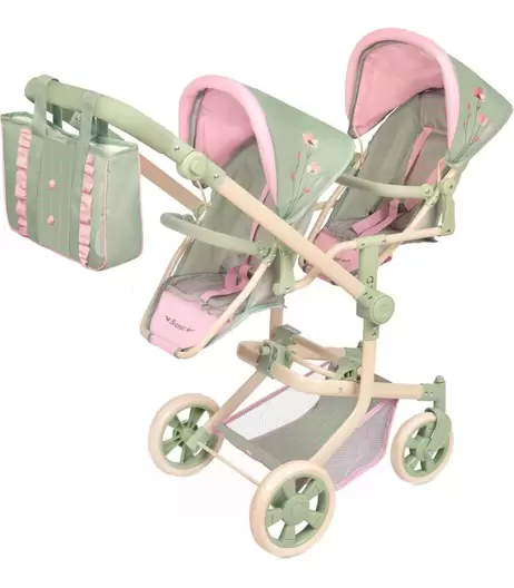 CARRO DE MUÑECAS SILLA GEMELAR MULTIPOSICIÓN PLEGABLE CON BOLSO BOTANIC DECUEVAS