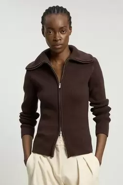 Cotton Zip Through Collar Knit Cardigan