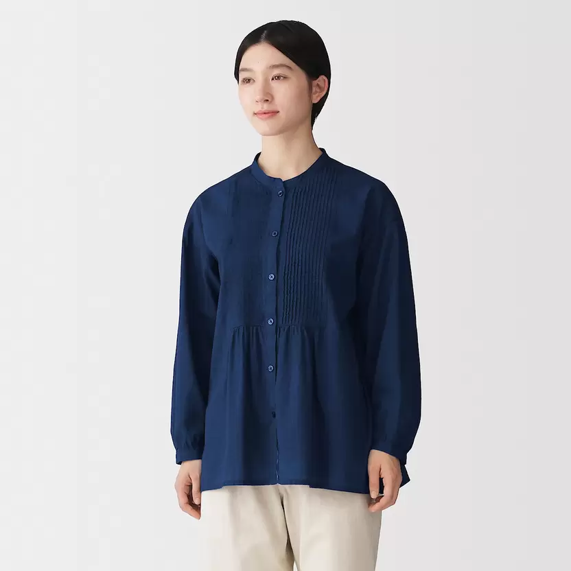 Blusa de manga larga con pliegues finos de voile de algodón orgánico para mujer - Índigo
