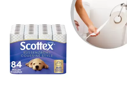 Paquete Advantage de 84 rollos de papel higiénico Scottex de 3 capas blando como una almohada