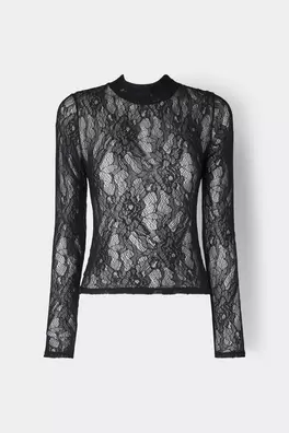 Crop Top Manga Larga de Encaje Elástico