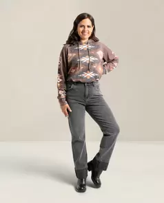 Pantalon Vaquero Bajo Vuelto Y Detalles En Strass Gris