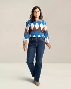 Pantalon Denim Cinco Bolsillos Bajo Evase Azul Medio