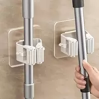 4 Pack Mop and Broom Holders, Wall Mount, Self Adhesive Hanger No Drilling, Non-Slip Tool Organizer for Home Kitchen Bathroom Garden Grey Hooks for