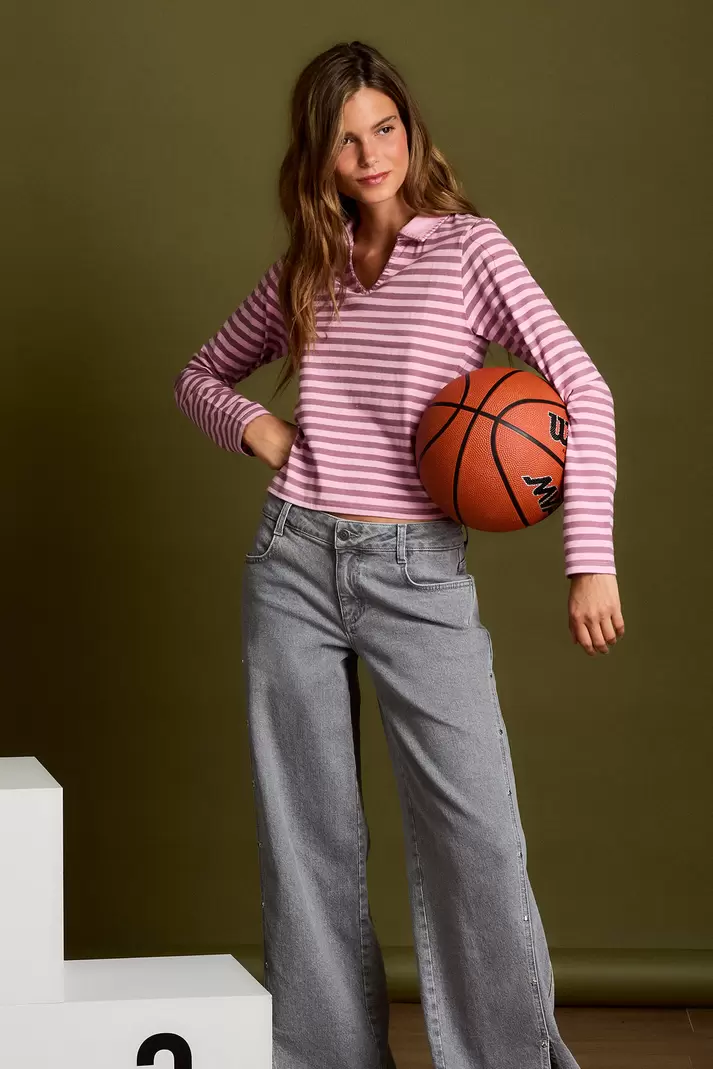 EMBROIDERED STRIPED POLO TOP