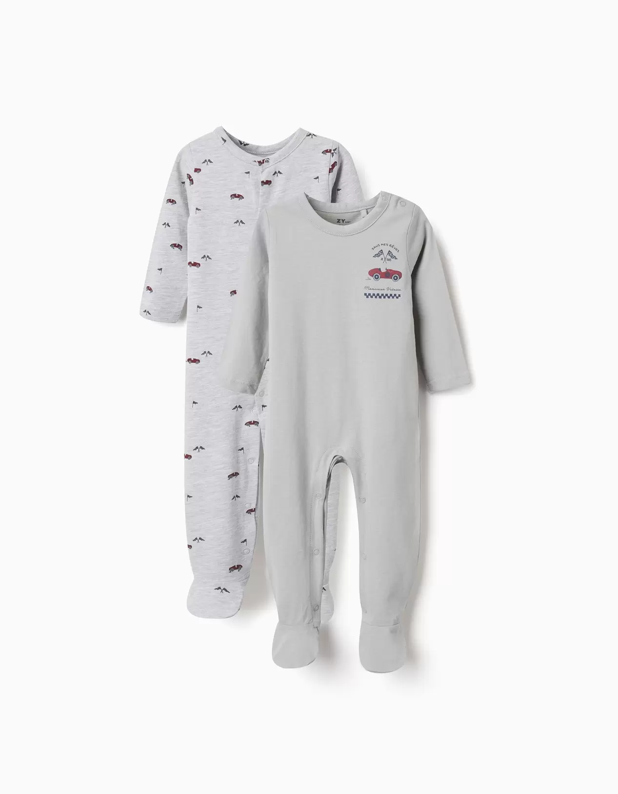 2 cotton babygrows with car prints for newborn and baby boys, green/grey