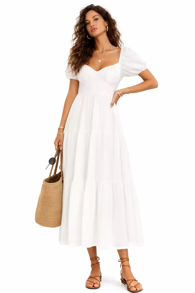 Tiered Puff-Sleeve Maxi Dress