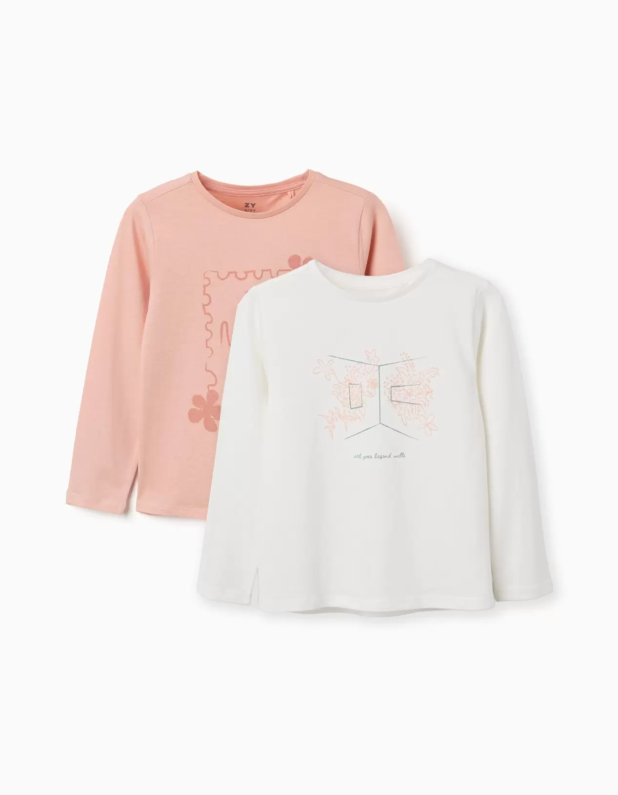 2 long sleeve T-shirts with art prints for girls, light pink/white