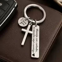 Drive Safe Spanish Keychain Cross Charm Drive With Care for Couples | Handle With Care I Need You Here With Me Keychain, Cross and I Love You Charm, Stainless Steel, Romantic Gift for Him
