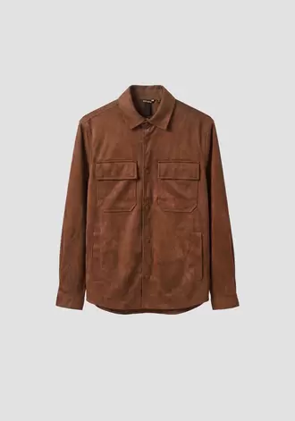 Camisa "Dakar" color tabaco regular fit de manga larga en viscosa efecto agamuzada