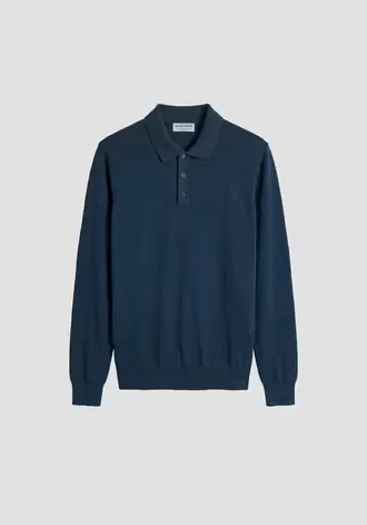 Polo de punto azul navy regular fit con botones de manga larga en mezcla de lana super suave con estampado engomado