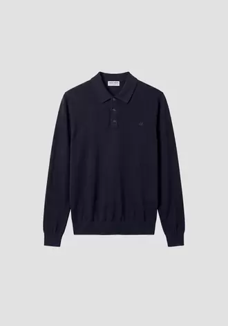 Polo de punto azul intenso regular fit con botones de manga larga en mezcla de lana super suave con estampado engomado