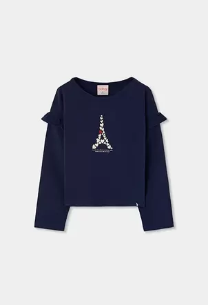 Camiseta punto niña azul marino Torre Eiffel