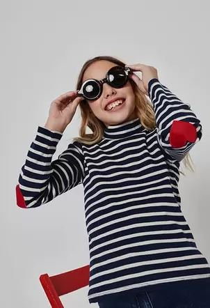 Camiseta punto canalé niña azul marino rayas