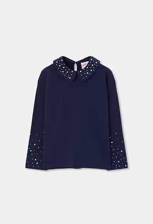 Camiseta punto niña azul marino con perlas