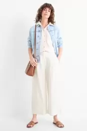 Pantalón de oficina con parte de lino - high waist - wide leg