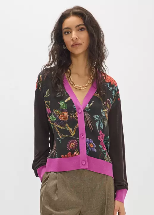 Bimaterial Printed Cardigan