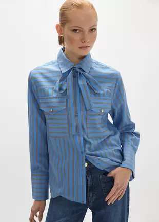 Long Sleeve Striped Poplin Shirt with Adjustable Bow