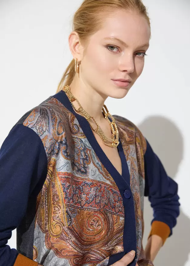 Bi-material Cardigan with Print and Contrasts
