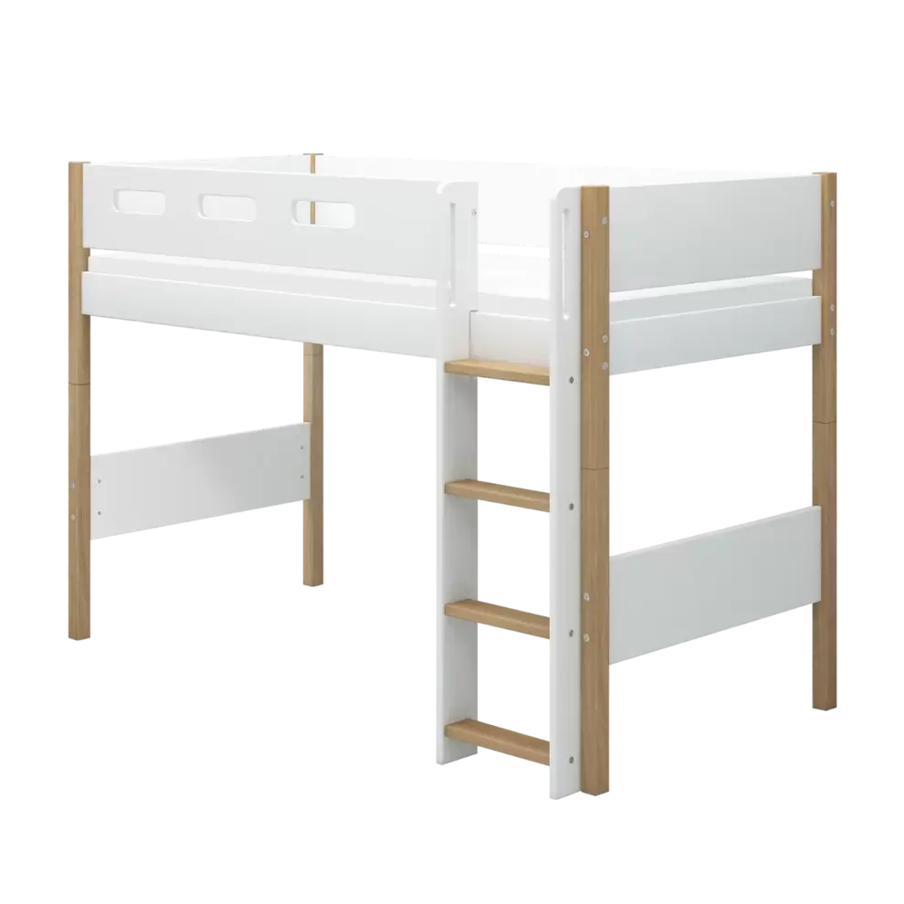 High Bed 143 cm with Straight Ladder and Safety Rail, 90x200 cm, White/Oak