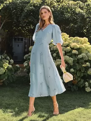 Vestido midi con lazo, mangas abullonadas y cuello de pico de Love & Roses