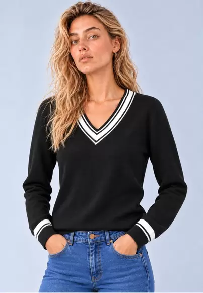 Sweater V-neckstripe NEGRO