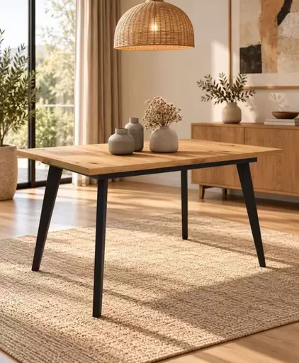 Mesa extensible con patas metálicas inclinadas