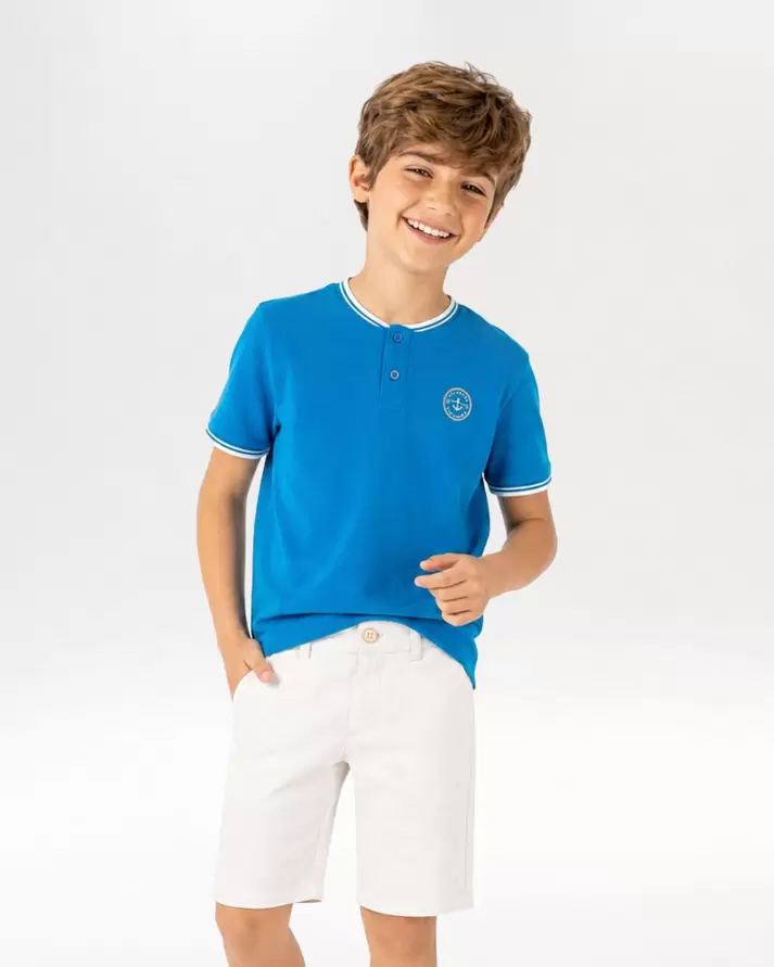 Polo niño azul cuello mao con detalle ancla