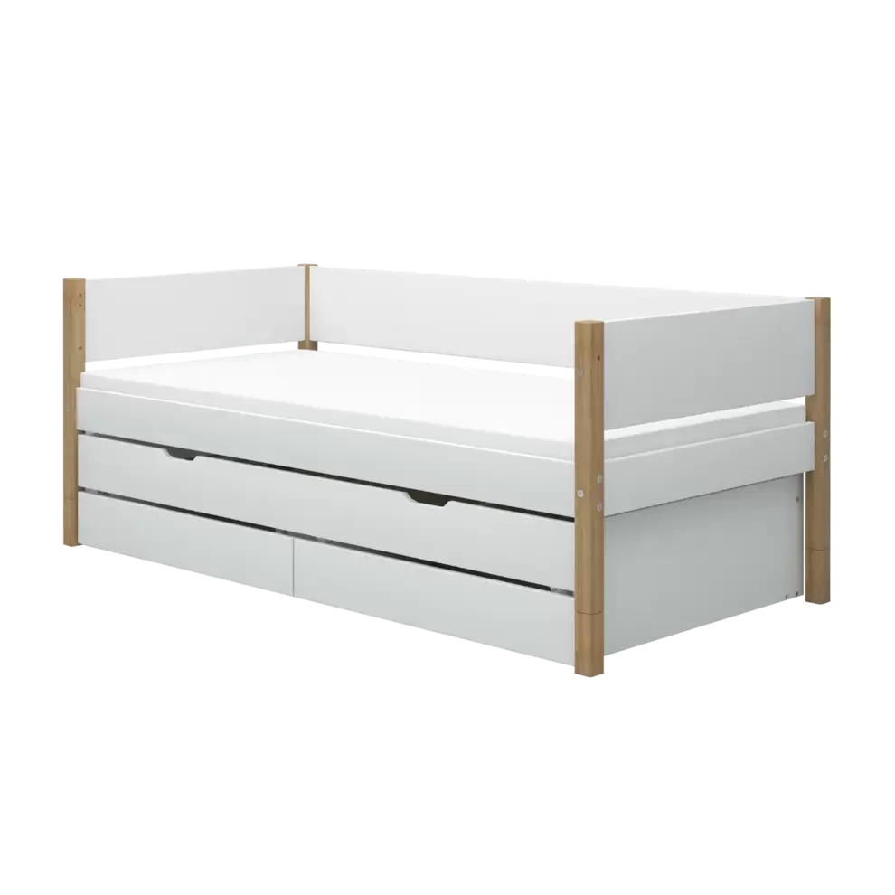 Single Bed 90x200 cm with Pull-out Bed 90x190 cm and Storage, White/Oak