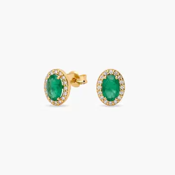 Pendientes de oro 18K diamante natural 0.16 ct. esmeralda 8 mm