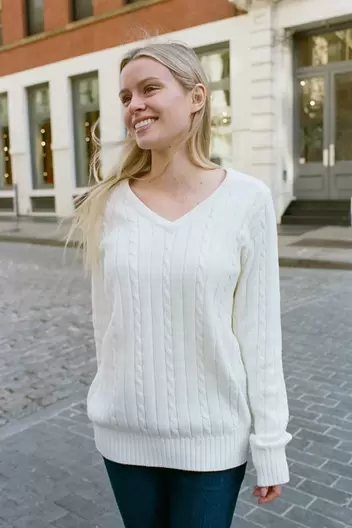 Product Name:Ida Cotton Cable Knit V-Neck Sweater