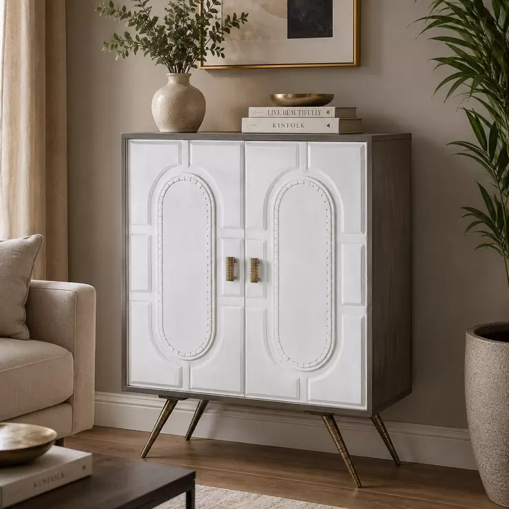 Aparador relieve blanco con acabados bronce 93x41x114 WHITE GLOW