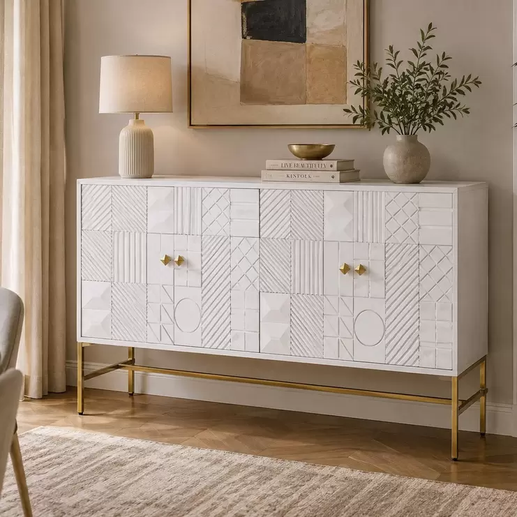 Aparador relieve blanco con acabados dorados 157x43x84 WHITE GLOW