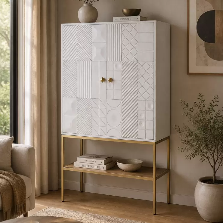Aparador relieve blanco con acabados dorados 91x44x152 WHITE GLOW