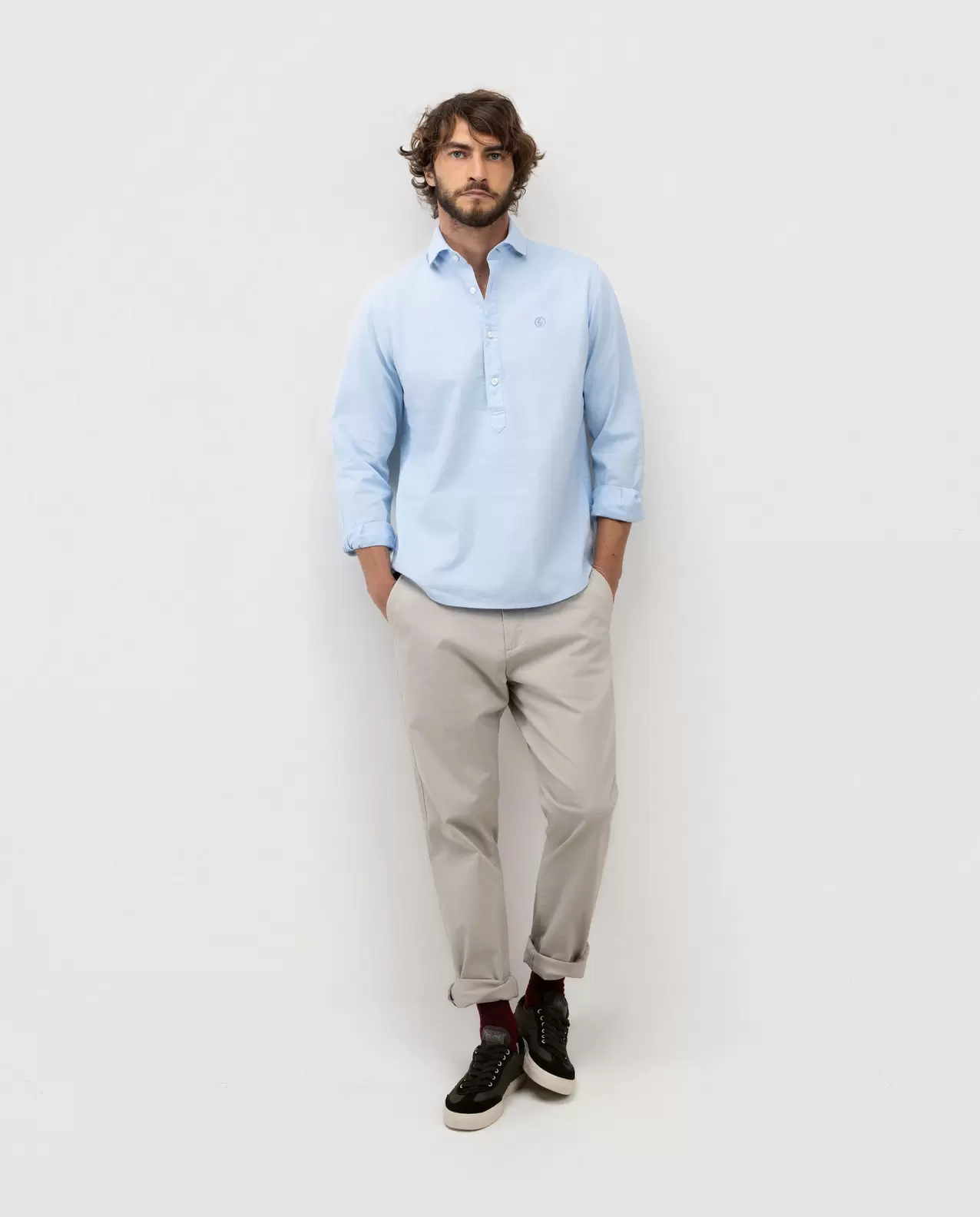 Camisa Polera Algodón Lino Cuello Italiano Celeste