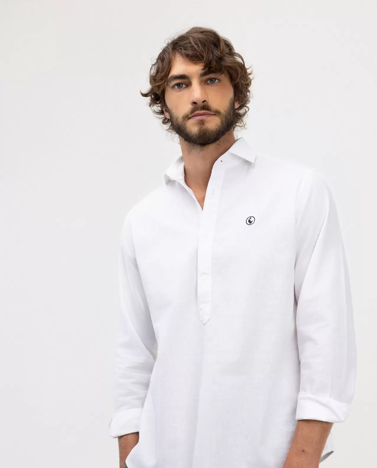 Camisa Polera Algodón Lino Cuello Italiano Blanco