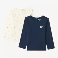 Conjunto de 2 camisetas de manga larga niña, una lisa y otra estampada.