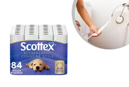 Paquete Advantage de 84 rollos de papel higiénico Scottex de 3 capas blando como una almohada