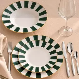 Vajilla de 18 piezas blanca con rayas verdes de porcelana Cabana