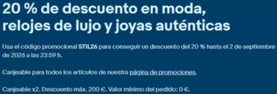 Catálogo eBay | 20 % de descuento en moda, relojes de lujo y joyas auténticas | 2026-08-20T00:00:00.000Z - 2026-09-02T00:00:00.000Z