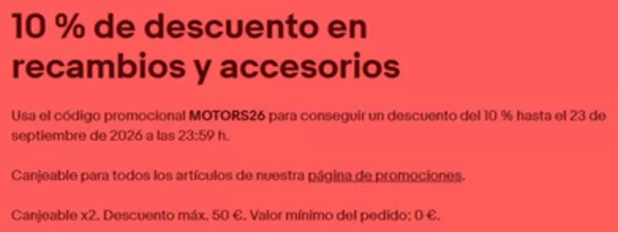 Catálogo eBay | 10% de descuento en recambios y accesorios | 2026-09-04T00:00:00.000Z - 2026-09-23T00:00:00.000Z