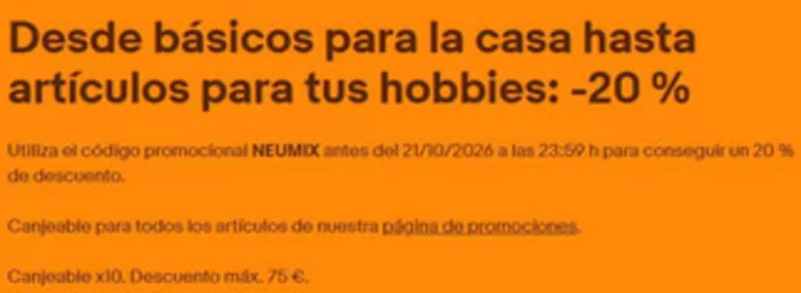 Catálogo eBay | Desde básicos para la casa hasta artículos para tus hobbies: -20 % | 2026-10-16T00:00:00.000Z - 2026-10-20T00:00:00.000Z