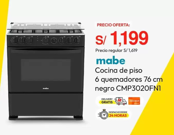 Mabe - Cocina de piso 6 quemadores 76 cm negro CMP3020FN1