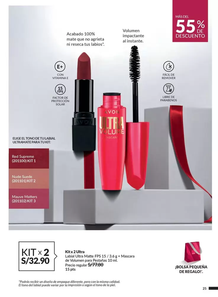 Avon - Labial Ultra Matte FPS 15 / 3.5 g + Mascara de volumen para Pestañas / 10 ml